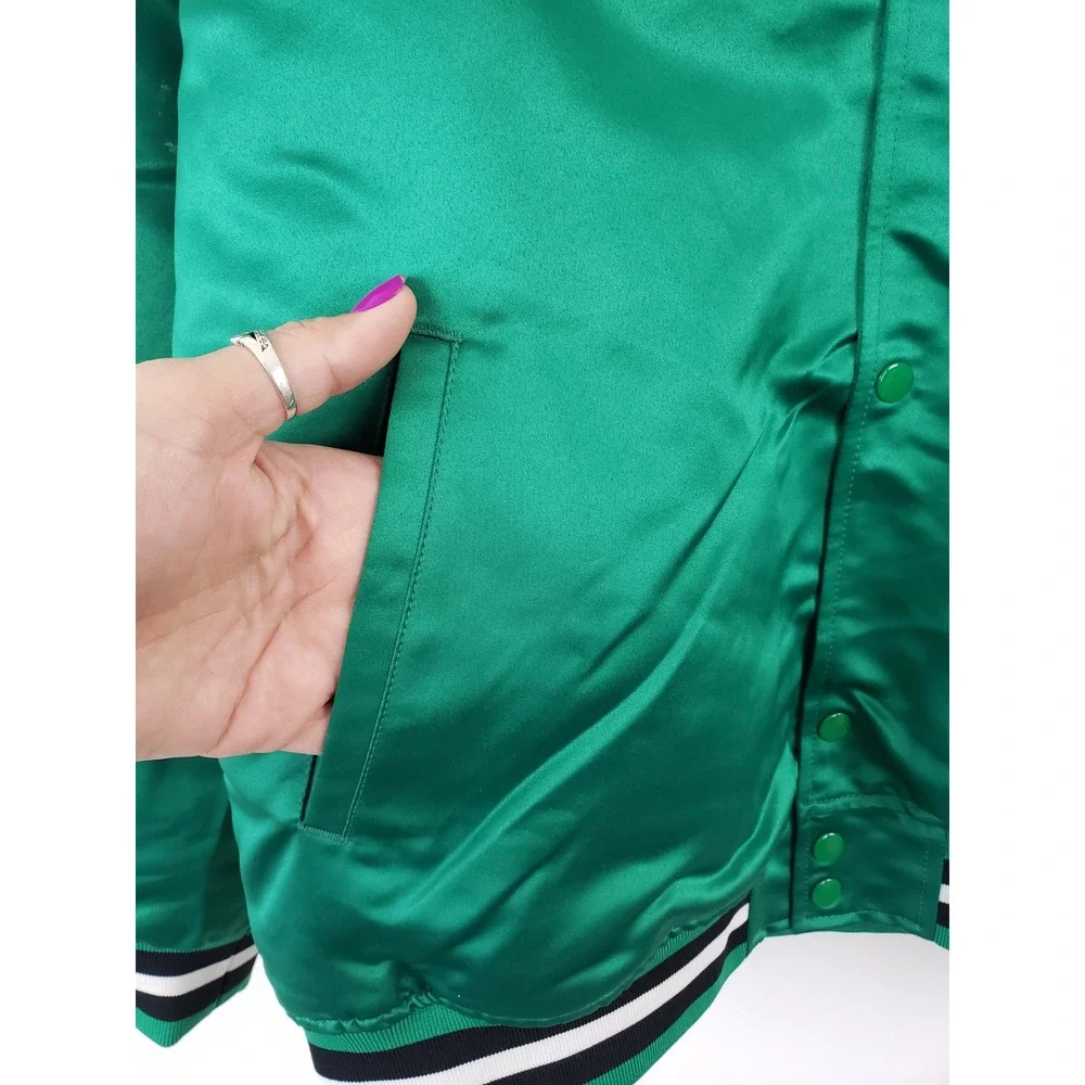 Boston Celtics Satin Varsity Jacket Green Snap Front Mitchell & Ness Mens Large